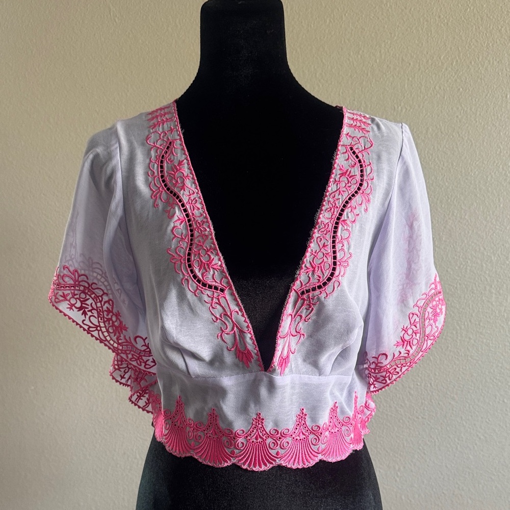 bebe White Blouse with Pink Detailing